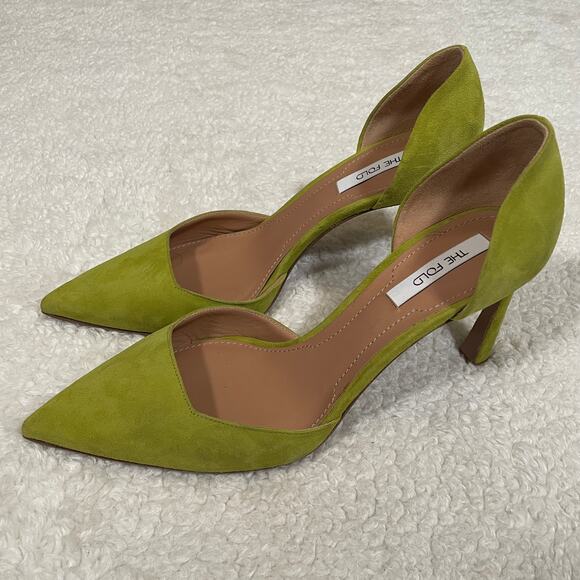 The Fold London Treviso Suede Heels D'Orsay Chartreuse Green Pointed Toe 39 8.5 - Picture 2 of 8